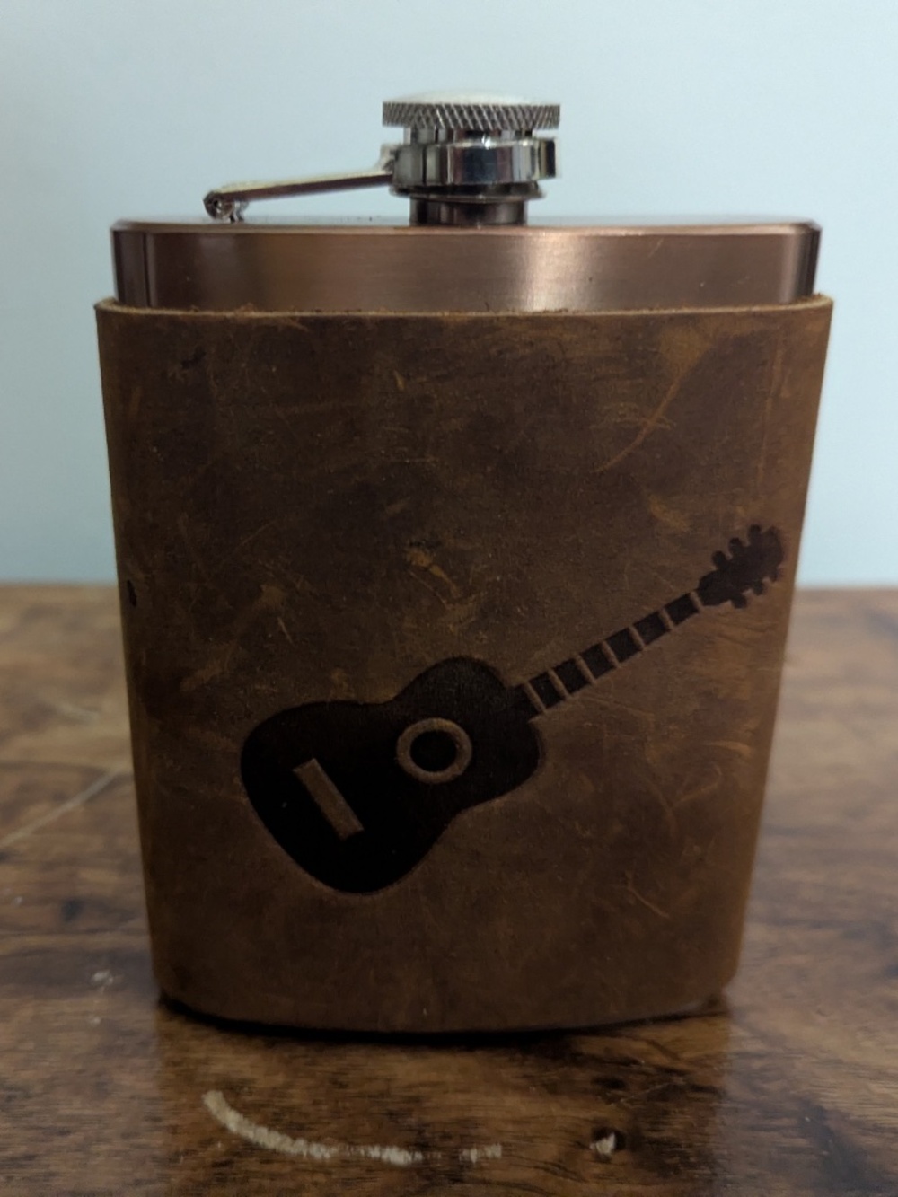 Leather Wrapped Stainless Steel Hinged Flask 8 oz. Guitar Motif Copper Coated